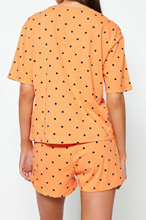 Tarz Rahat Kısa Kollu Boru Paça %100 Pamuklu Kalp Desenli T-shirt-Şort Örme Pijama Takımı