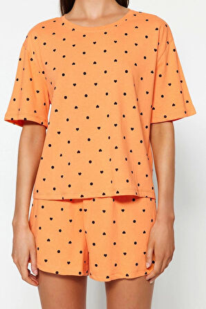 Tarz Rahat Kısa Kollu Boru Paça %100 Pamuklu Kalp Desenli T-shirt-Şort Örme Pijama Takımı