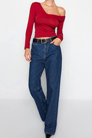 Moda Carmen Yaka Örme Slim Düz Desen Casual Günlük Crop Uzun Kol Bluz