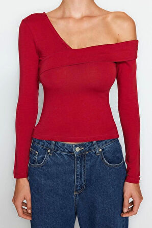 Moda Carmen Yaka Örme Slim Düz Desen Casual Günlük Crop Uzun Kol Bluz