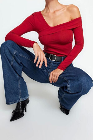 Moda Carmen Yaka Örme Slim Düz Desen Casual Günlük Crop Uzun Kol Bluz