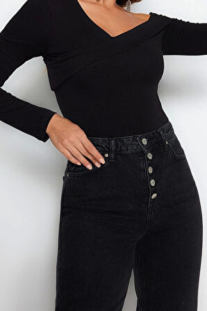 Moda Carmen Yaka Örme Slim Düz Desen Casual Günlük Crop Uzun Kol Bluz