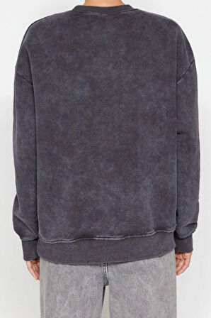 Tarz Bol Bisiklet Yaka Düşük Kol Uzun Eskitme Kalın İçi Polarlı Geniş Kalıp Örme Sweatshirt