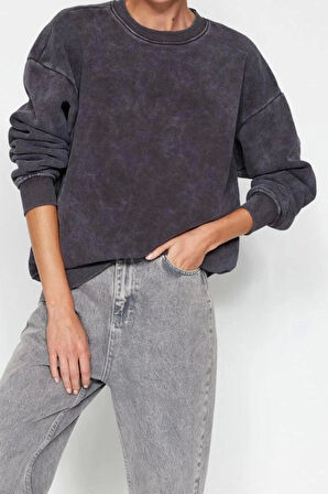 Tarz Bol Bisiklet Yaka Düşük Kol Uzun Eskitme Kalın İçi Polarlı Geniş Kalıp Örme Sweatshirt