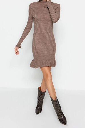 Moda Regular Casual Günlük Tek Plaka Triko Dik Yaka Uzun Kol Shift Mini Boy Elbise