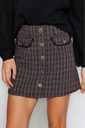 Moda Düz Desen Günlük Tüvit Kumaşlı Cep ve Düğme Detaylı Ekose Desenli Mini Dokuma Etek