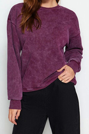 Tarz Bol Bisiklet Yaka Düşük Kol Uzun Eskitme Kalın İçi Polarlı Geniş Kalıp Örme Sweatshirt