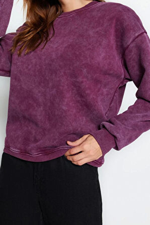Tarz Bol Bisiklet Yaka Düşük Kol Uzun Eskitme Kalın İçi Polarlı Geniş Kalıp Örme Sweatshirt
