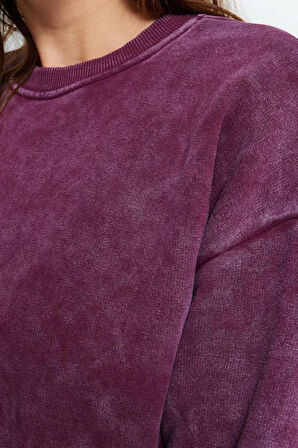 Tarz Bol Bisiklet Yaka Düşük Kol Uzun Eskitme Kalın İçi Polarlı Geniş Kalıp Örme Sweatshirt