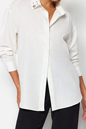 Moda Kadın Gömlek Yaka Düz Desen Günlük Yakası Taş Detaylı Oversize Geniş Kalıp Dokuma Gömlek