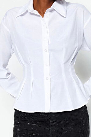 Moda Kadın Gömlek Yaka Düz Desen Resmi Fitted Bele Oturan Pamuklu Dokuma Gömlek