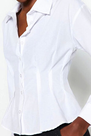 Moda Kadın Gömlek Yaka Düz Desen Resmi Fitted Bele Oturan Pamuklu Dokuma Gömlek