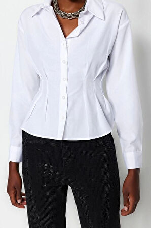 Moda Kadın Gömlek Yaka Düz Desen Resmi Fitted Bele Oturan Pamuklu Dokuma Gömlek