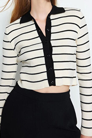 Kadın Modern Tarz Slim Polo Yaka Crop Triko Hırka