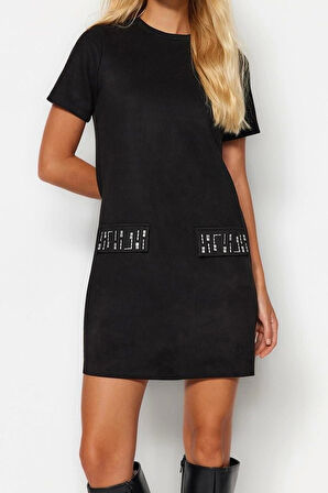 Moda Regular Business Süet Örme Bisiklet Yaka Kısa Kol A-Line Mini Boy Elbise