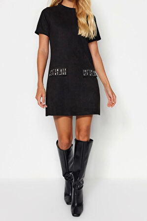 Moda Regular Business Süet Örme Bisiklet Yaka Kısa Kol A-Line Mini Boy Elbise