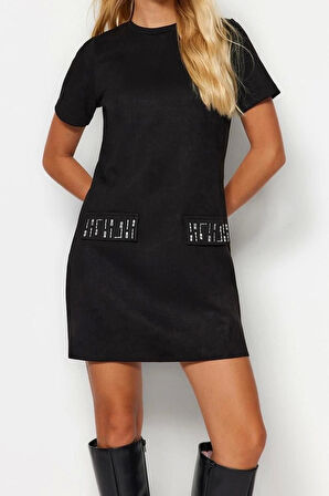 Moda Regular Business Süet Örme Bisiklet Yaka Kısa Kol A-Line Mini Boy Elbise