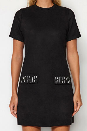 Moda Regular Business Süet Örme Bisiklet Yaka Kısa Kol A-Line Mini Boy Elbise