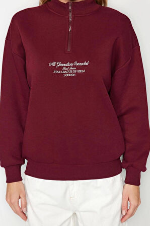 Tarz Bol Fermuarlı Yaka Düşük Kol Uzun Kalın İçi Polarlı Fermuarlı Geniş Kalıp Örme Sweatshirt