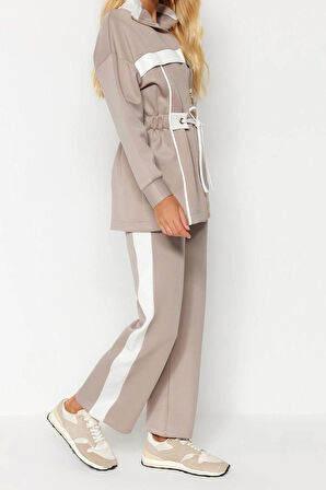 Tarz Kadın Modern Moda Normal Bel Boru Paça V Yaka Biyeli Örme Scuba Dalgıç Alt-Üst Takım