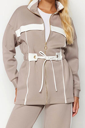 Tarz Kadın Modern Moda Normal Bel Boru Paça V Yaka Biyeli Örme Scuba Dalgıç Alt-Üst Takım