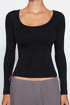 Moda Havuz Yaka Örme Slim Düz Desen Casual Günlük Regular Uzun Kol Bluz