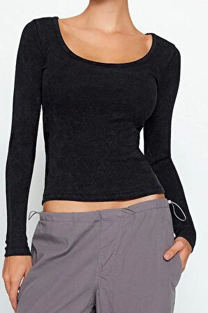 Moda Havuz Yaka Örme Slim Düz Desen Casual Günlük Regular Uzun Kol Bluz