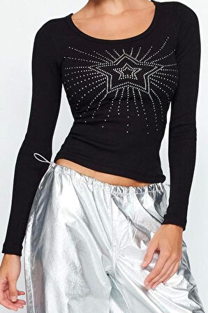 Stil Kadın Fitilli Taş Baskılı Fitted Vücuda Oturan Pamuklu Esnek Bluz Regular Örme Slim Kalıp
