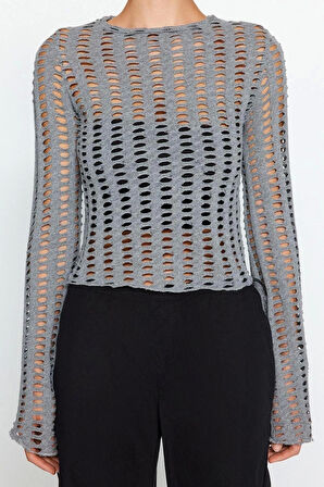 Moda Bisiklet Yaka Örme Regular Düz Desen Casual Günlük Crop Uzun Kol Bluz