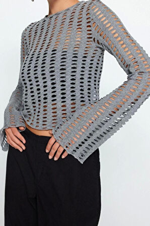 Moda Bisiklet Yaka Örme Regular Düz Desen Casual Günlük Crop Uzun Kol Bluz