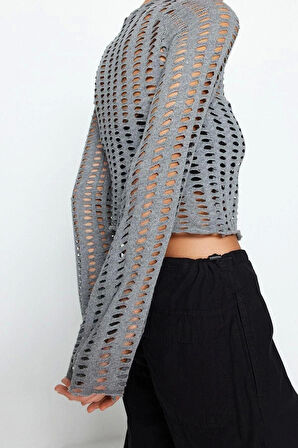 Moda Bisiklet Yaka Örme Regular Düz Desen Casual Günlük Crop Uzun Kol Bluz