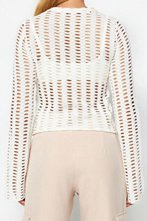 Stil Kadın Fileli Slim Fit Bluz Crop Örme Regular Kalıp İspanyol Kol