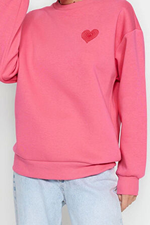 Oversize Bisiklet Yaka Düşük Kol Uzun Kalın Polarlı  Sırt Kabartma Baskılı Örme Sweatshirt