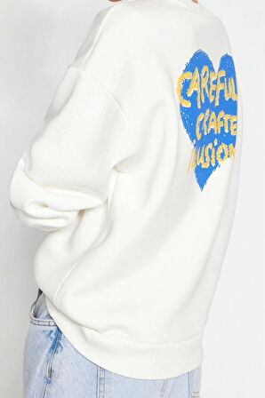 Oversize Bisiklet Yaka Düşük Kol Uzun Kalın Polarlı  Sırt Kabartma Baskılı Örme Sweatshirt