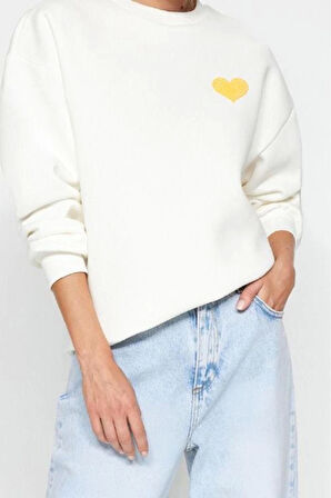 Oversize Bisiklet Yaka Düşük Kol Uzun Kalın Polarlı  Sırt Kabartma Baskılı Örme Sweatshirt