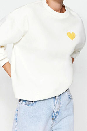 Oversize Bisiklet Yaka Düşük Kol Uzun Kalın Polarlı  Sırt Kabartma Baskılı Örme Sweatshirt