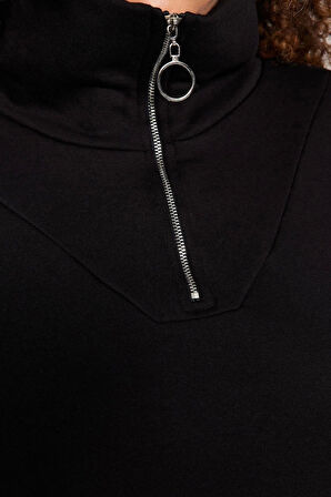 Büyük Beden Oversize Fermuarlı Yaka Düşük Kol Uzun Kalın İçi Polarlı Fermuarlı Örme Sweatshirt