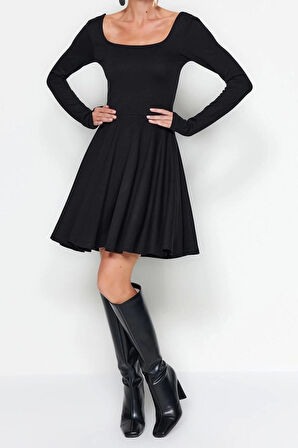 Moda Slim Gündüz Gece İnterlok Örme Kare Yaka Uzun Kol Skater Mini Boy Elbise