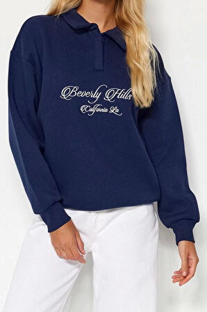 Oversize Gömlek Yaka Düşük Kol Uzun Gömlek Yaka Nakışlı Fit Kalın İçi Polarlı Örme Sweatshirt