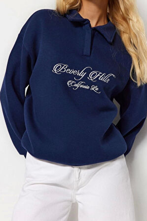 Oversize Gömlek Yaka Düşük Kol Uzun Gömlek Yaka Nakışlı Fit Kalın İçi Polarlı Örme Sweatshirt