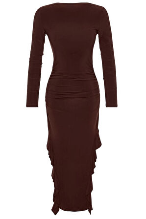 Moda Stil Regular Bisiklet Yaka Midi Boy Eteği Volanlı Kayık Kaya Esnek Örme Elbise