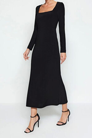 Moda Slim Gündüz Gece Sandy Örme Kare Yaka Uzun Kol A-Line Maxi Boy Elbise