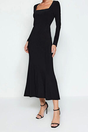 Moda Slim Gündüz Gece Sandy Örme Kare Yaka Uzun Kol A-Line Maxi Boy Elbise