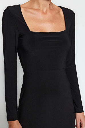 Moda Slim Gündüz Gece Sandy Örme Kare Yaka Uzun Kol A-Line Maxi Boy Elbise