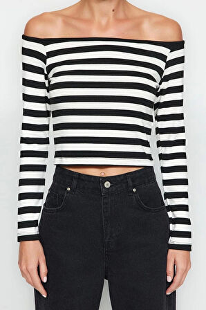 Moda Carmen Yaka Örme Slim Çizgili Desen Casual Günlük Regular Uzun Kol Bluz