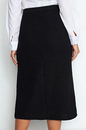 Modern Tarz Astarsız Dokuma Midi Boy Tüvit Kumaş Düğme Detaylı Midi Dokuma Etek