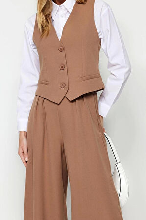 Moda Dokuma Düz V Yaka Casual Günlük Yelek-Pantolon Dokuma Alt-Üst Takım