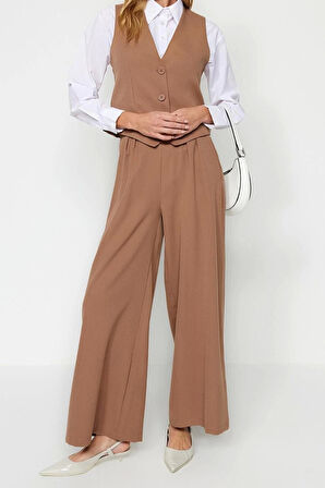 Moda Dokuma Düz V Yaka Casual Günlük Yelek-Pantolon Dokuma Alt-Üst Takım