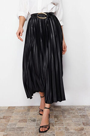Moda Tesettür Regular Düz Desen Günlük Uzun Boy Pilili Dokuma Etek