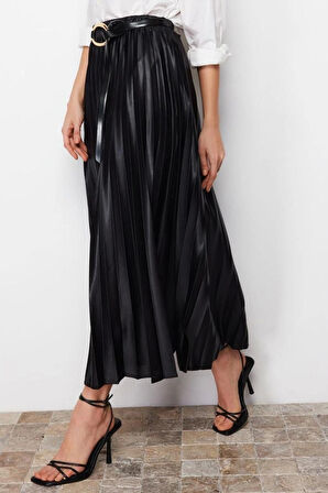 Moda Tesettür Regular Düz Desen Günlük Uzun Boy Pilili Dokuma Etek
